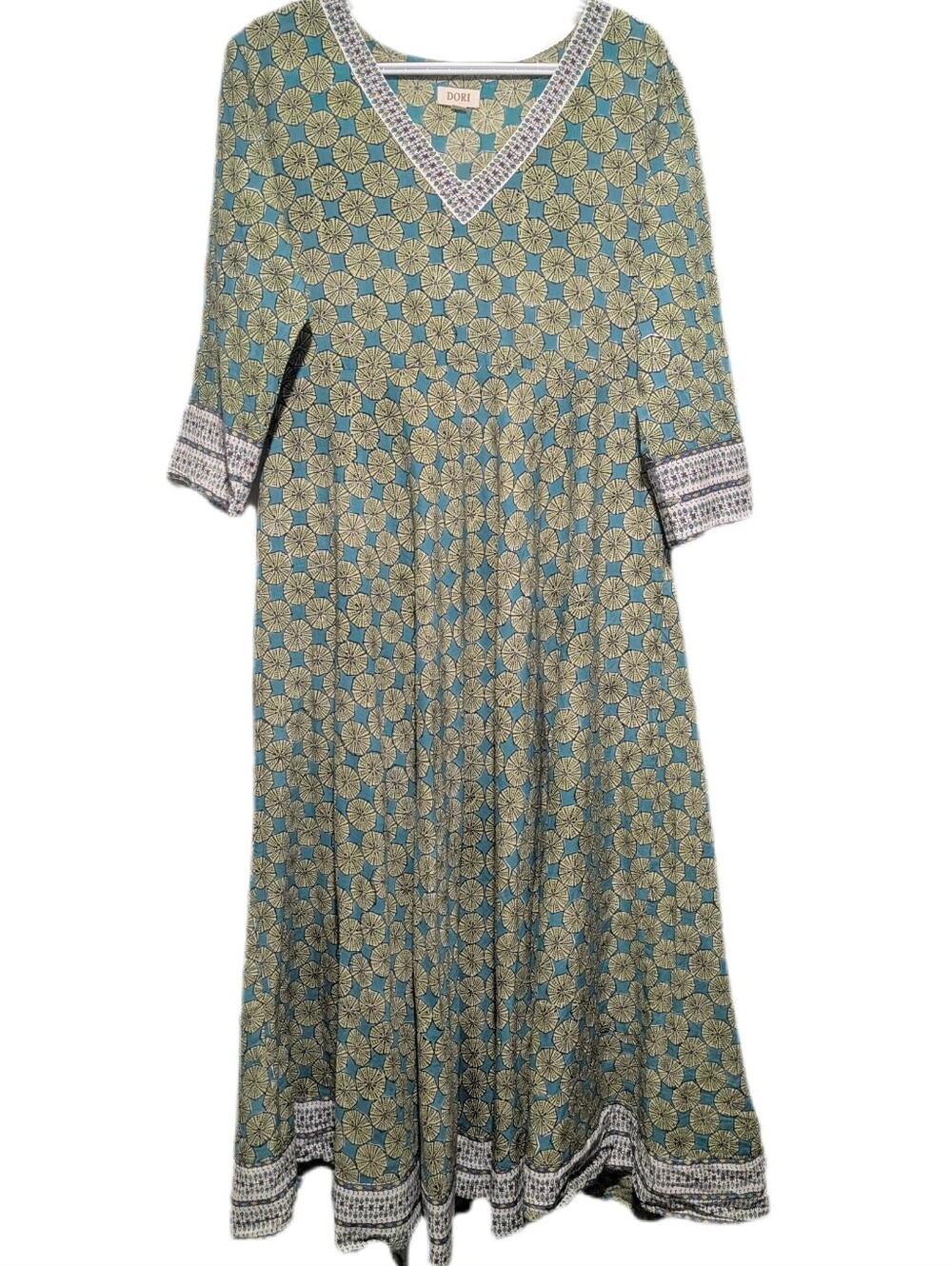 Dori Indian Hand-Printed Lightweight 100% Cotton Summer Maxi Dress Kaftan -L/XL-
